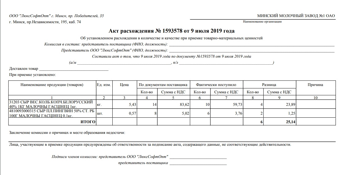 Акт приемки продукции по количеству и качеству образец